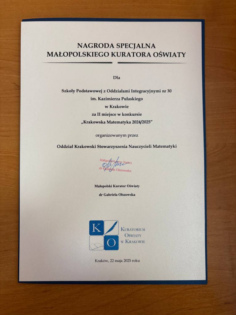 Dyplom za uzyskanie II miejsca w Krakowskiej Matematyce.