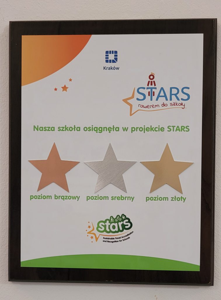 Tabliczka przedstawiająca poziomy jakie osiągnęła szkoła w projekcie STARS.