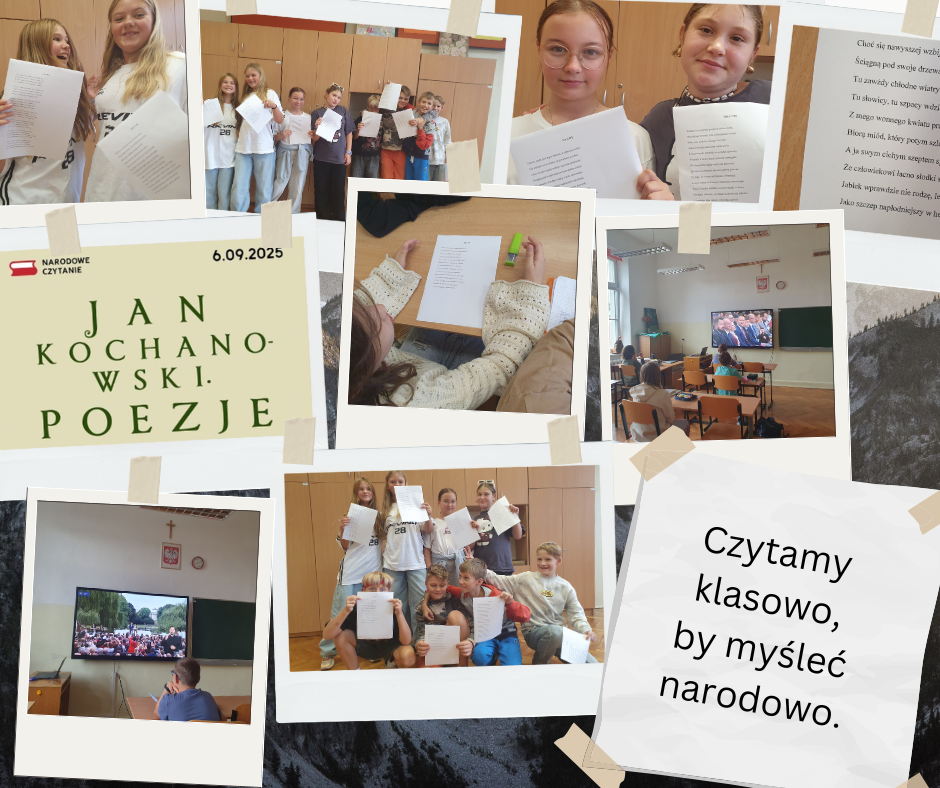 Zdjęcie składa się z innych mniejszych zdjęć. Przestawiają one czytających uczniów oraz napis "Czytamy klasowo, by myśleć narodowo.".