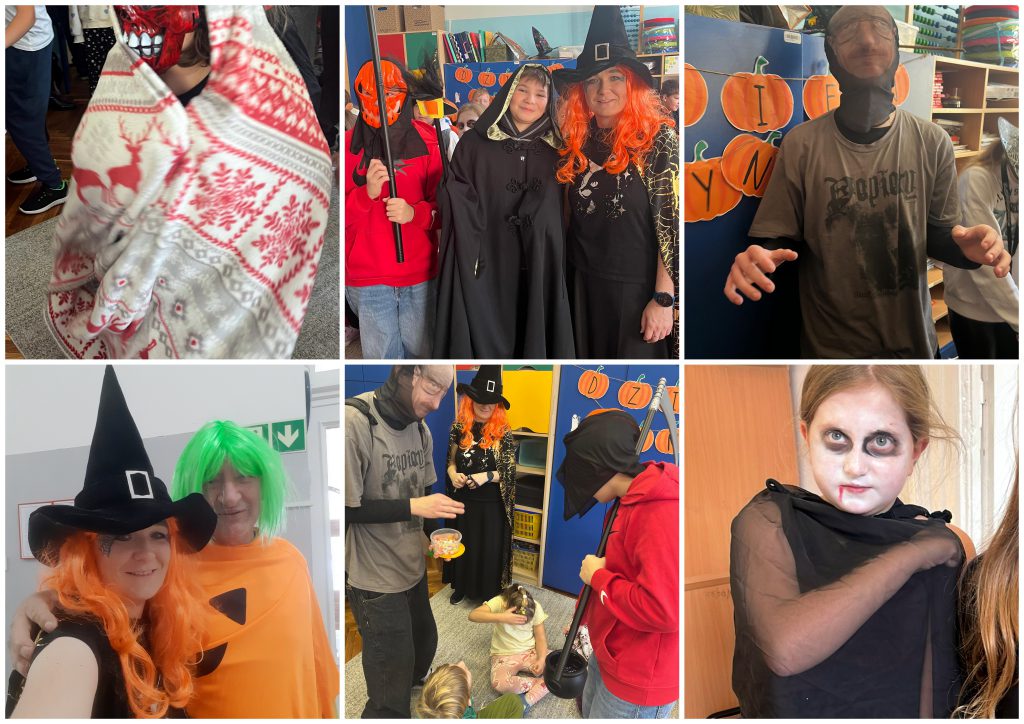Kolaż ze zdjęć przedstawiających uczniów i nauczycieli przebranych z okazji Halloween.