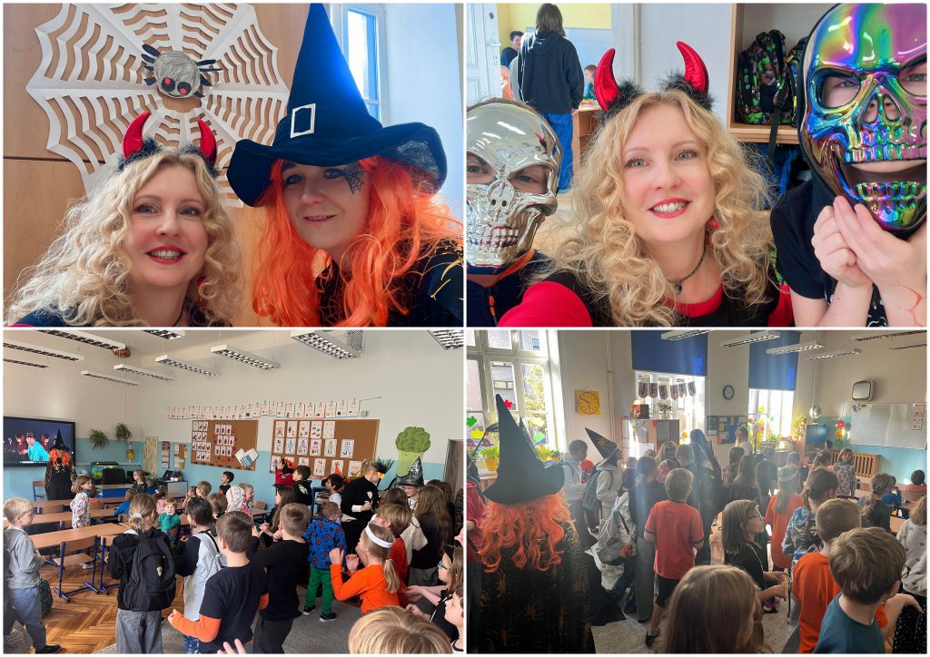 Kolaż ze zdjęć przedstawiających uczniów i nauczycieli przebranych z okazji Halloween.