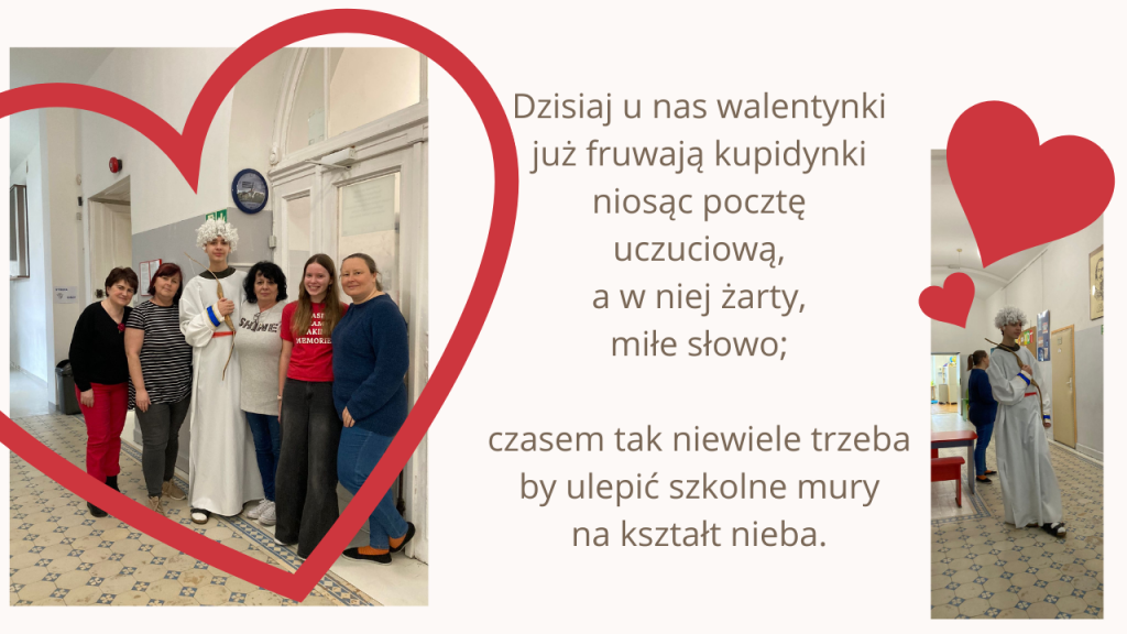 Zdjęcie przedstawia tekst o walentynkach oraz uczniów i Panie.