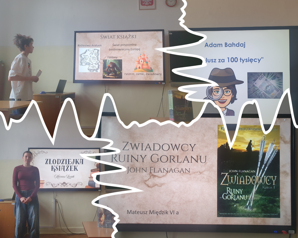 Kolaż zdjęć przedstawia uczniów przedstawiających swoje prezentacje.