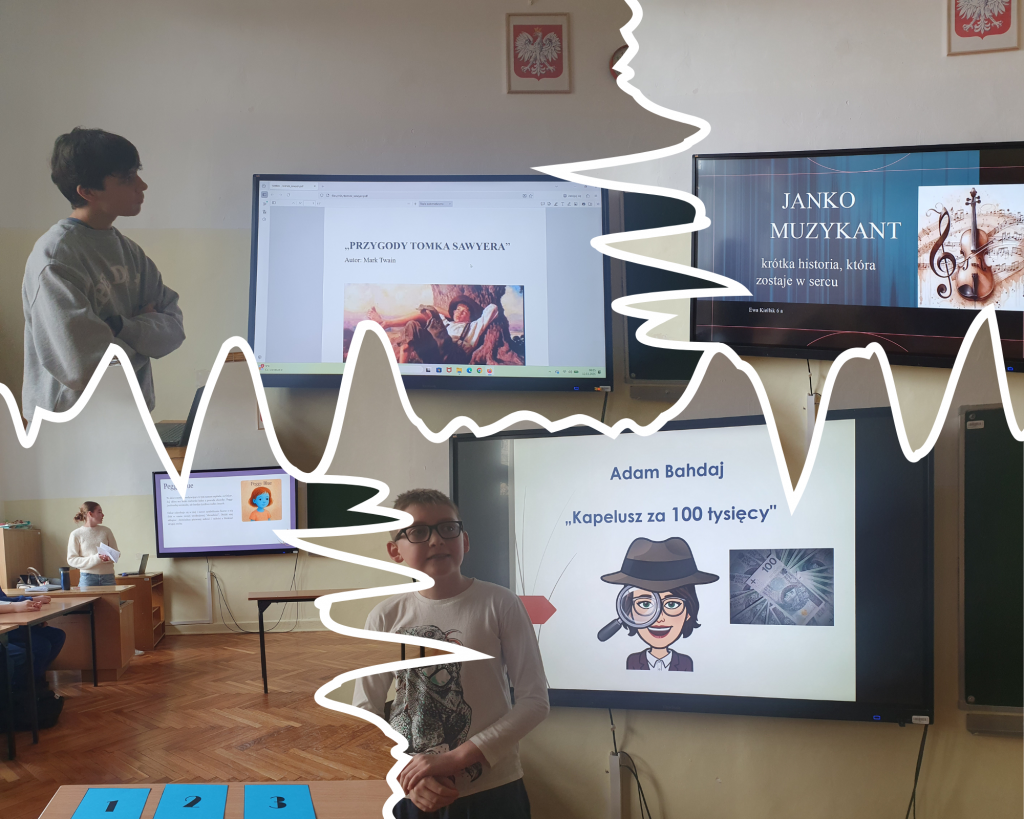 Kolaż zdjęć przedstawia uczniów przedstawiających swoje prezentacje.