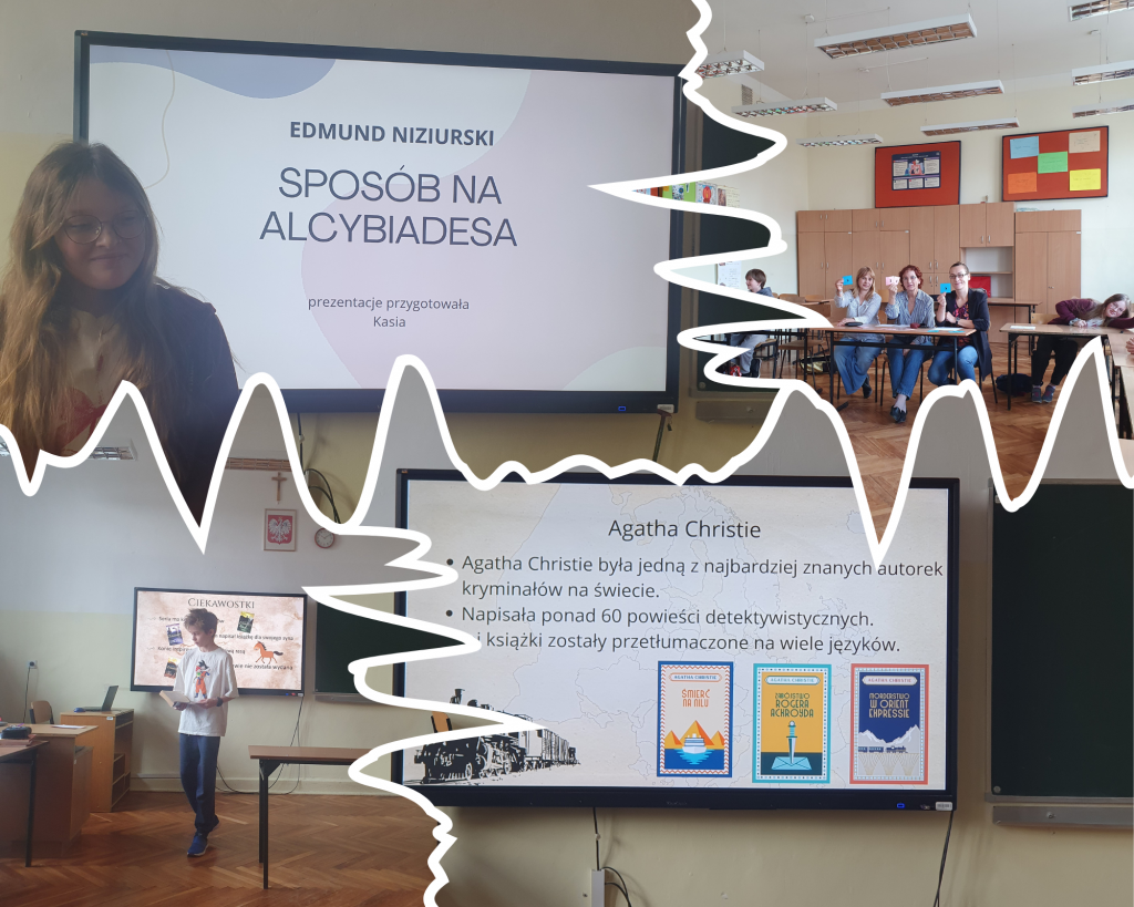 Kolaż zdjęć przedstawia uczniów przedstawiających swoje prezentacje.