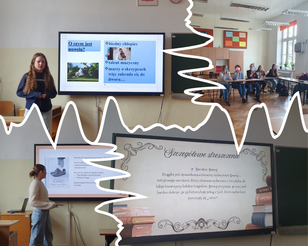 Kolaż zdjęć przedstawia uczniów przedstawiających swoje prezentacje.