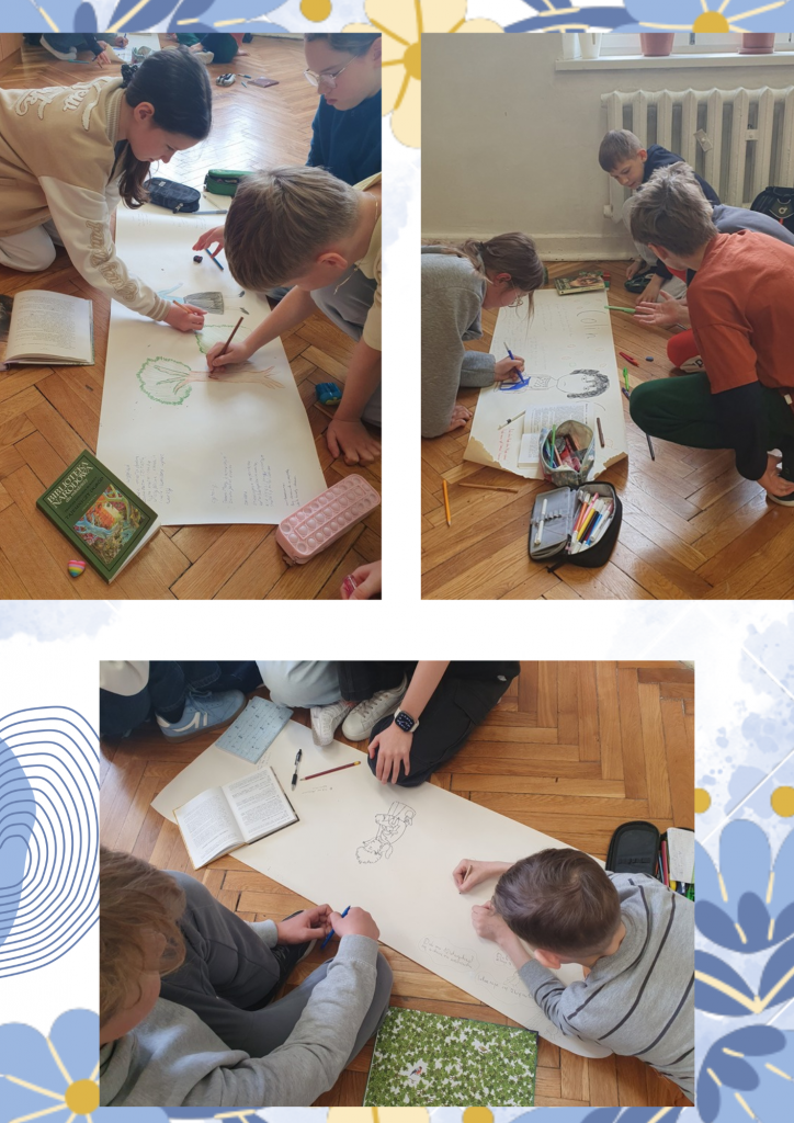 Zdjęcia przedstawiają jak dzieci tworzą plakaty.