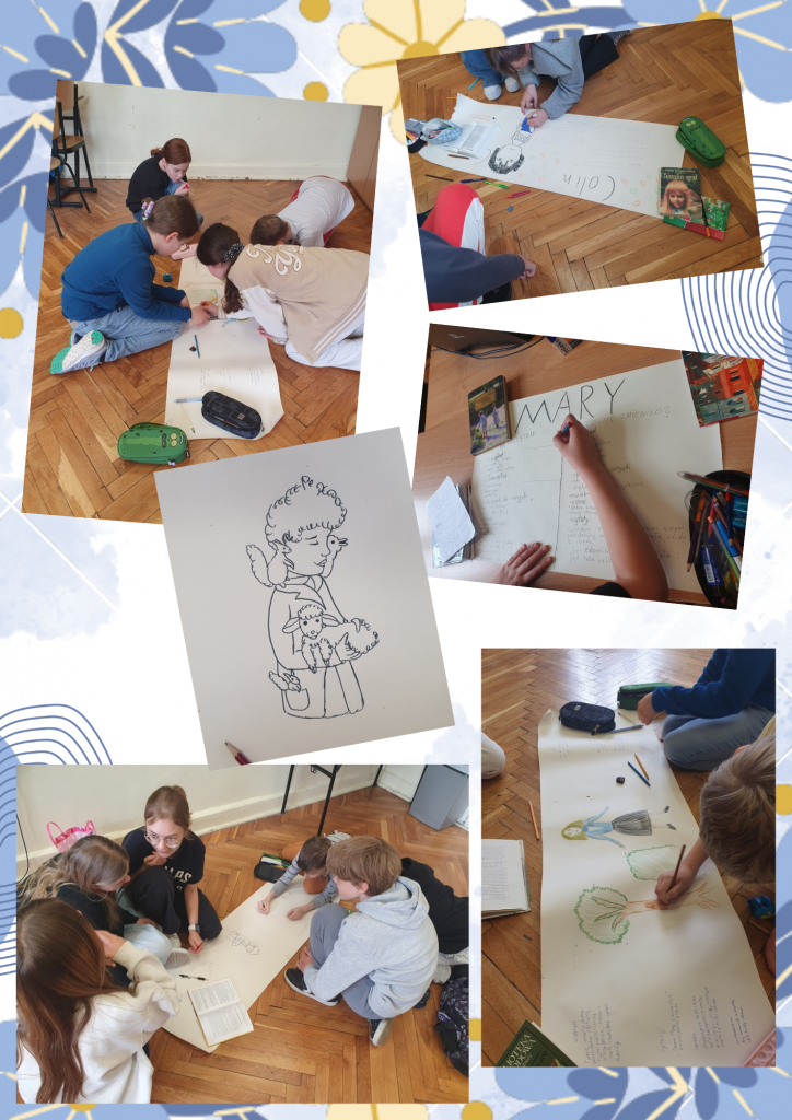 Zdjęcia przedstawiają jak dzieci tworzą plakaty.