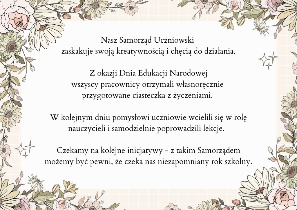 Na zdjęciu jest tekst z informacjami o działaniach Samorządu Szkolnego.